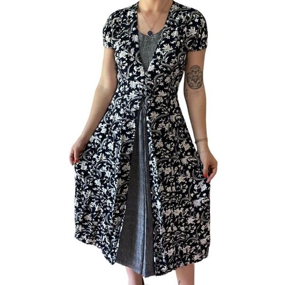Vintage 1990s Navy Blue White Floral Cottagecore Hippy Rayon Maxi Dress Sz M - Picture 3 of 9